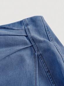 SHEIN MOD 女式褶皱不对称下摆休闲牛仔迷你短裙 - 深色水洗藍 - 查看 4