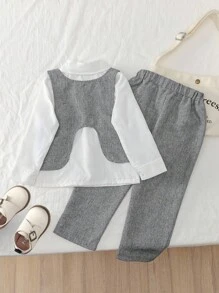 Genkimix Kids 秋季新款韩版时尚酷男童三件套：不对称背心+长袖衬衫+直筒裤，幼儿 - 灰色 - 查看 3