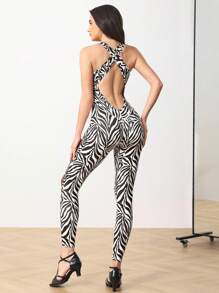 Menodora SHEIN Sport Tuta a una pezza da yoga con stampa a motivo zebrato e scollo alla halter per donna - Cachi - Visualizzare 2