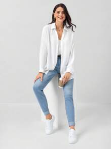 Miaspire 白色女式衬衫落肩纽扣沙滩衬衫 - 白色 - 查看 1