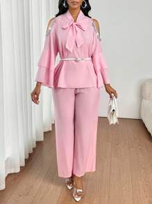 SHEIN Lady 女士亮片拼接露肩喇叭袖衬衫和裤子优雅两件套 - 粉色 - 查看 5