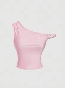 SHEIN MOD Casual Asymmetric Shoulder Light Pink Women Top One Shoulder Top Pink Top Crop Top - Baby Pink - View 1