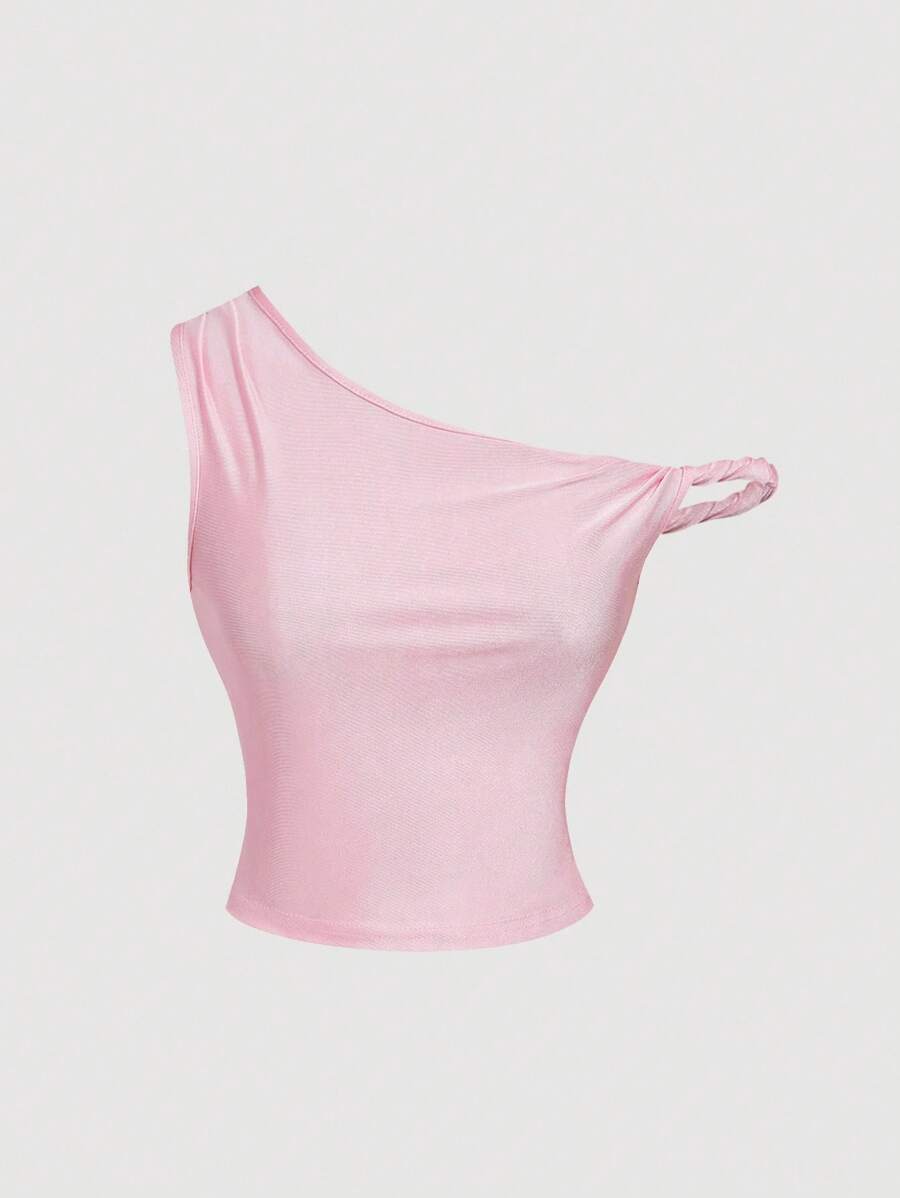 SHEIN MOD Casual Asymmetric Shoulder Light Pink Women Top One Shoulder Top Pink Top Crop Top - Baby Pink - View 1