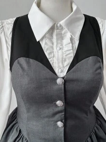 Flirla Fashion Contrast Color Patchwork Lapel Ruffle Hem Fitted Blazer  Vintage Winter Fall Autumn - Multicolor - View 3