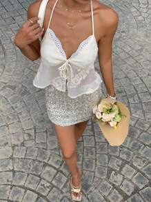 Serisse Áo hở lưng thêu gợi cảm cho nữ, trang phục đi nghỉ - Màu be - Xem 6