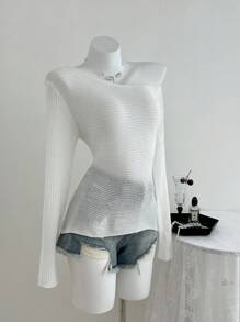 Elamini Áo len dệt kim cổ tròn trơn màu đơn giản không đối xứng dành cho nữ mùa thu đông - trắng - Xem 3