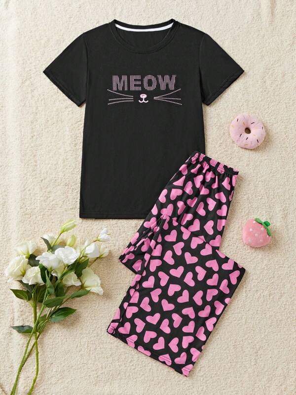 SHEIN Conjunto de pijama para adolescente que incluye blusa de manga corta con estampado de letras y pantalones largos con gráfico de corazón