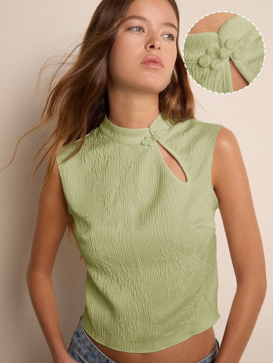 Nöista 女士夏季优雅纯色纹理镂空吊带背心 - 橄欖綠 - 查看 1