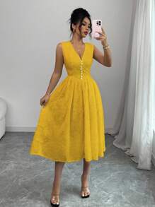 Chiquease A字形无袖腰纽扣镂空花卉黄色连衣裙 - 黃色 - 查看 5