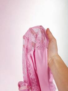 Amplova Bộ đồ liền thân ren tương phản gợi cảm ôm vừa vặn có eo xếp ly dành cho nữ - Hồng - Xem 11