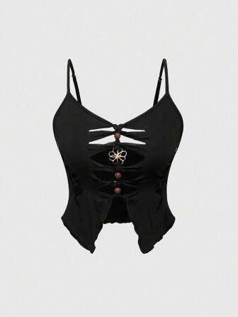 Goth Gotischer Boho-Stil Frauen Camisole Top mit ausgefranstem asymmetrischem Saum, verwaschenem Holzperlen-Metall-Dekor mit Hohldetails