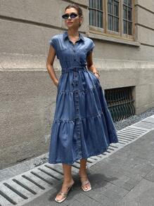DAZY 女式休闲水洗前扣牛仔连衣裙 - 藍色 - 查看 5