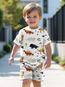 SHEIN Young Boy Casual & Minimalist Dinosaur Pattern Short Sleeve T-Shirt And Shorts Two Pieces Set, Suitable For Summer