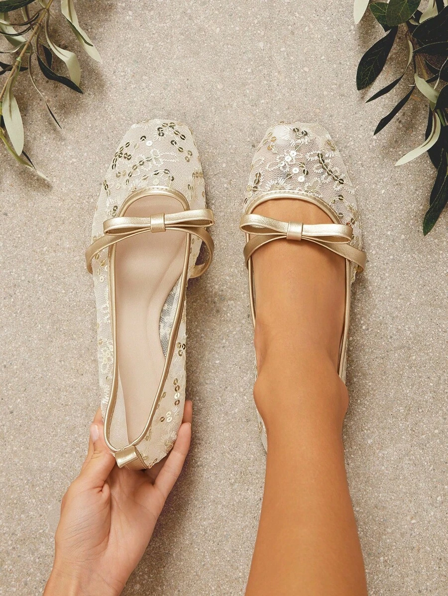 SHUZIA 女士休闲优雅方头舒适花卉印花网眼芭蕾平底鞋