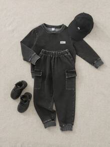 Playful Pals 2 szt. Zestaw dla chłopców z okrągłym dekoltem i długim rękawem, bluza z kapturem i elastycznym pasem, swobodny sportowy garnitur, mieszanka bawełny, vintage, zniszczony angielski nadruk liter, modne i wygodne ubranie, jesienne nowości