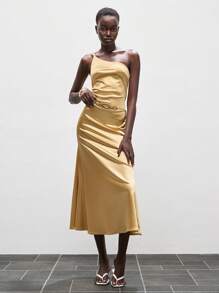 Lumivelle Vestido de satén con escote halter y espalda descubierta, elegante para fiestas