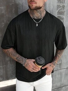 Manfinity Homme Men's Summer Geometric Texture Round Neck Short Sleeve Casual Versatile T-Shirt - Black - View 6