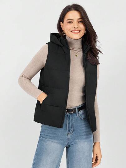 Miaspire 拉链斜口袋黑色连帽无袖棉服大衣