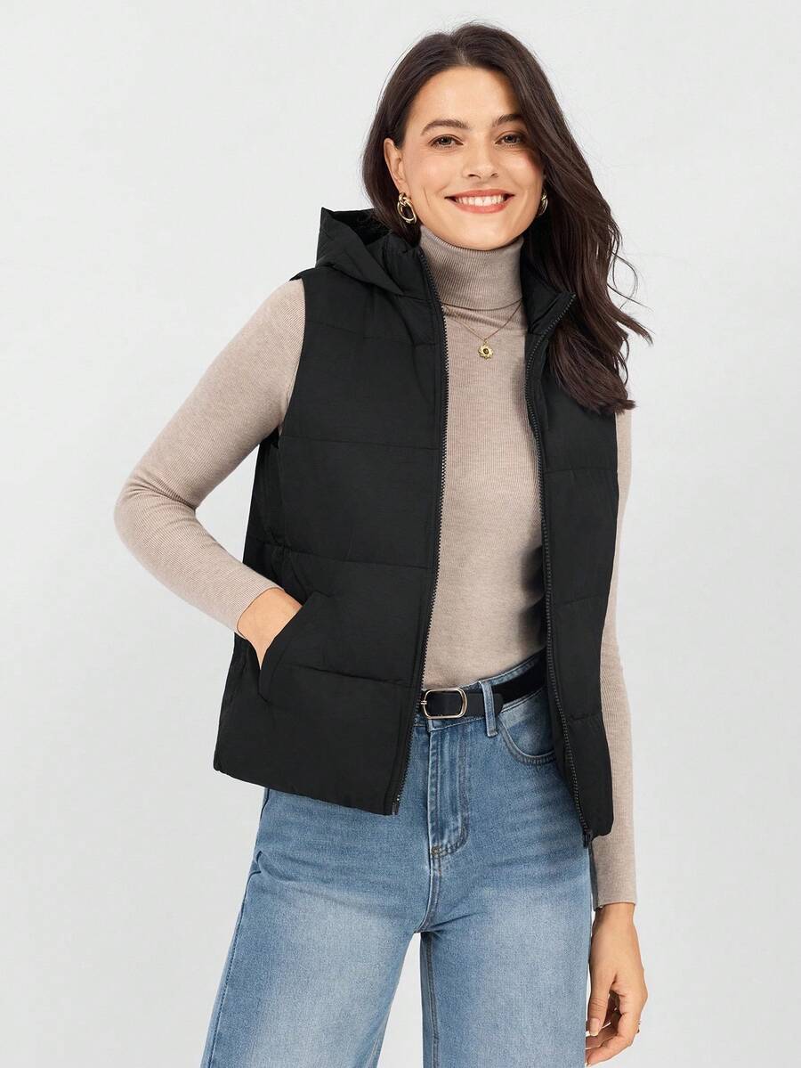 Miaspire 拉链斜口袋黑色连帽无袖棉服大衣 - 黑色 - 查看 1