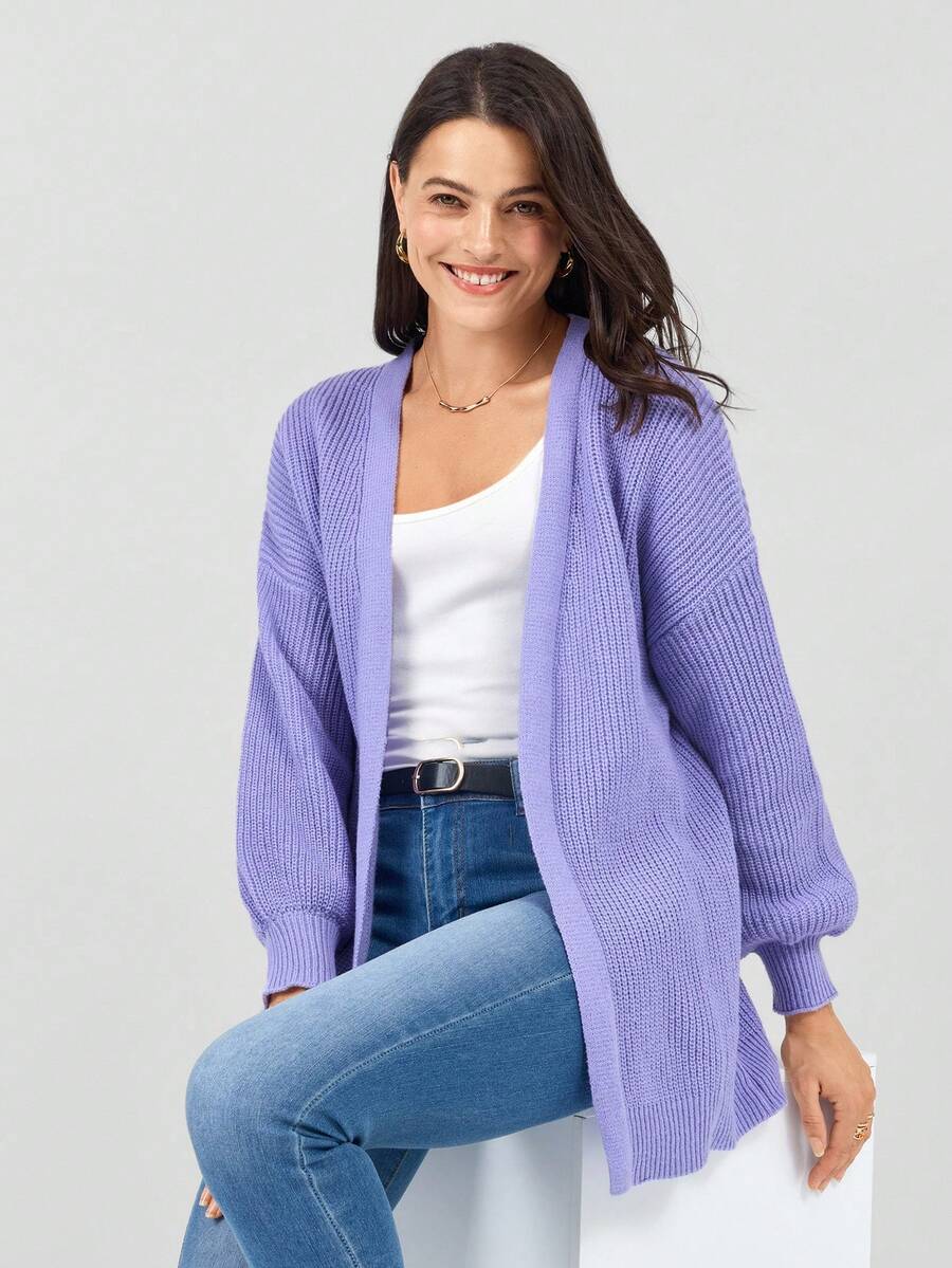 Miaspire Women's Spring Fashionable Purple Drop Shoulder Ribbed Knit Duster Cardigan - Violet Purple - View 1