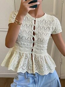 DAZY Suéter de punto casual de cuello redondo de manga corta con ajuste ceñido, dobladillo de encaje de unicolor y parches, para vacaciones, otoño - Beis - Ver 1