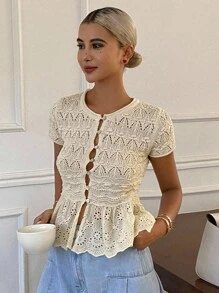 DAZY Suéter de punto casual de cuello redondo de manga corta con ajuste ceñido, dobladillo de encaje de unicolor y parches, para vacaciones, otoño - Beis - Ver 6