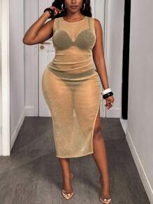 Slaydiva 2025春夏新款女装大型毕业派对/音乐节/约会/派对/CLUB/秋季/返校/开学服/Y2K/上班/办公/郊游服/机场服/街头风/朋克/颓废/都市度假修身卡其色亮丝面料圆领无袖高开叉吊带抽绳透视中长连衣裙-B