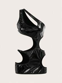 不对称镂空闪亮皮革单肩带迷人优雅修身俱乐部连衣裙，性感睡袍，适合狂欢、外出 - 黑色 - 查看 6