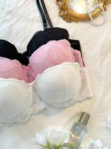 DelicateAllure 3pcs/Pack Women Lace Trim Wire-Free Push Up Bra With Non-Removable Pads, 1/2 Cup  Cozy And Elegant Details - Multicolor - View 5