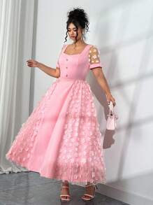 Elenzga Vestito elegante rosa, taglia oversize, in maglia traforata con inserti, scollo a cuore, maniche corte, abito elegante con stampa floreale rosa per donna, adatto a garden festa e tea festa
