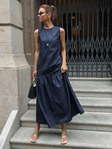 DAZY 女士休闲水洗牛仔无袖迷你连衣裙 - 藍色 - 查看 2