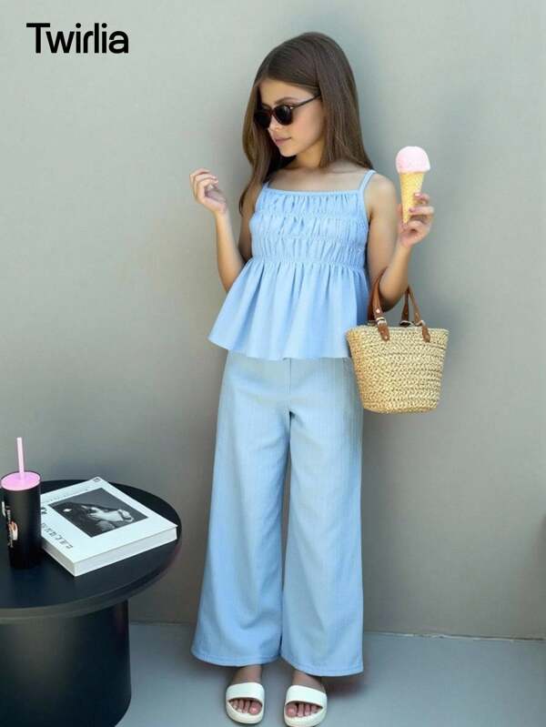 SHEIN Tween Girl Textured Ruffle Strap Top & Loose Wide Leg Pants 2 Pieces Summer Outfit Set Casual & Sweet, Suitable For Daily Commute, Holiday, Street Photography, Spring/Summer Summer Holiday