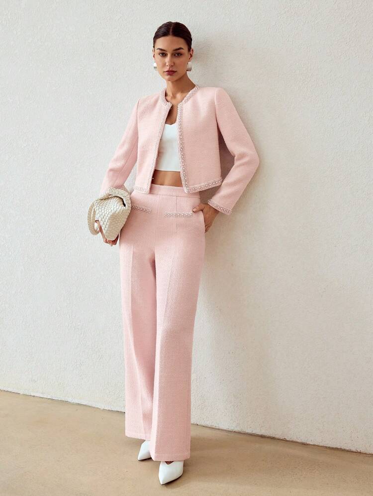 FAUX PEARL DETAIL TWEED SUIT PANTS