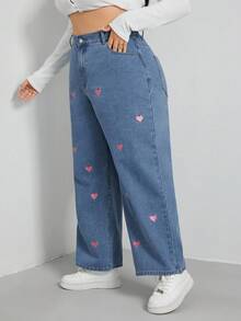 SHEIN EZwear 加心刺绣阔腿牛仔裤 宽腿牛仔裤 女童宽腿牛仔裤 女式宽腿牛仔裤 - 中等水洗藍 - 查看 5