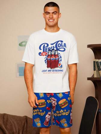 PEPSI X SHEIN Men's Summer Casual Soda Slogan Graphic Oversized T-Shirt And Shorts Pajama Set