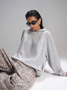 LYSMO Sudadera holgada con caída de hombros, decoración de strass, estilo casual para primavera/otoño - Gris Claro - Ver 4