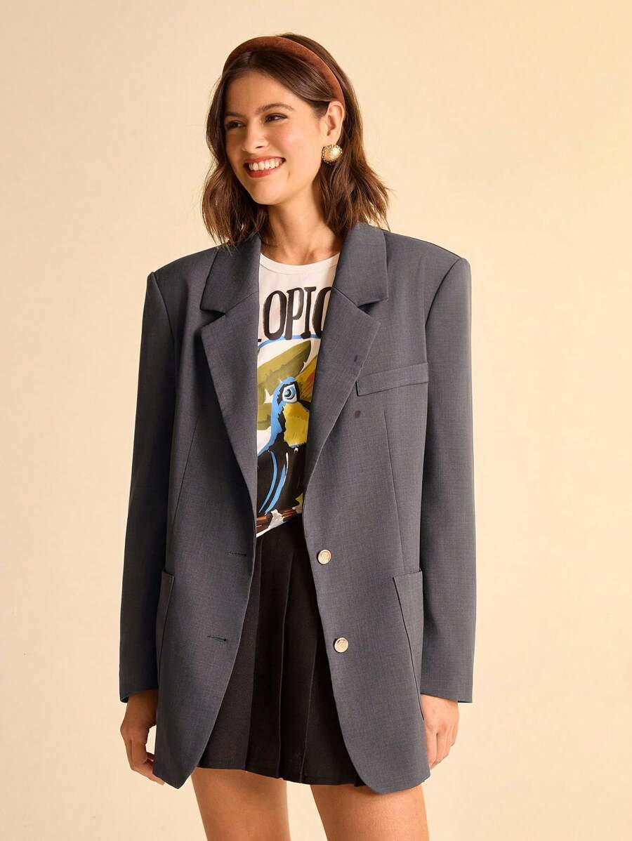CAJUNI Blazer en tissu marron unicolore bohème décontracté rétro pour femmes - Tabac - Voir 1