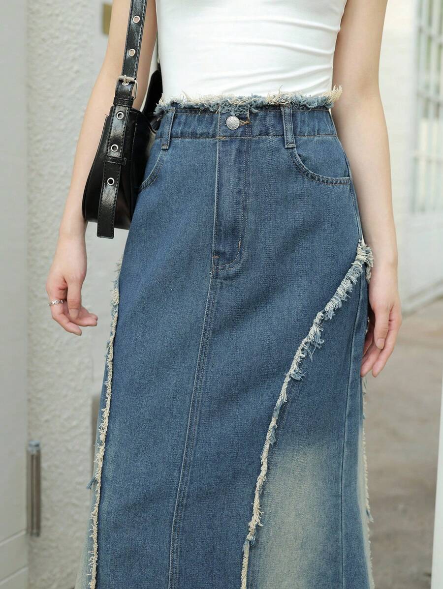 K-Vae Women's Autumn Pocket Raw Edge Fishtail Hem Casual Denim Skirt, Retro Old Money Style,Korean Style,Homecoming Dress,Fall Outfits For Women, Old Money Style Women