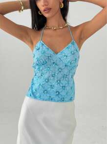 Siren Gaze Women's Elegant Blue Sequin Embellished Embroidery Halter Backless Crop Top,Streetwear Old Money Style Tank Top,Summer,Blues,Seksi Chic,Party Night - Mint Blue - View 2