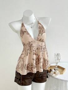 SHEIN Unity 女士性感亮片刺绣露背吊带短款上衣（夏季） - 杏色 - 查看 3