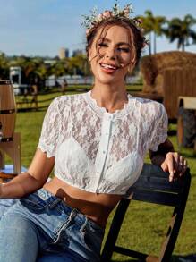 LanaWest Women Sexy White Lace Crop Top With Faux Pearl Buttons, Suitable For Dirndl Top Wear, Daily Sexy, Beer Festival - White - View 2