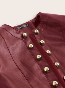 Ellevyn 优雅 PU 皮革都市休闲时尚百搭女士夹克，秋冬长袖 - 酒紅色 - 查看 6