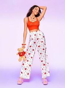 Notgurli Women's Comfortable Contrast Lace Heart Print Lounge Pants - Apricot - View 6