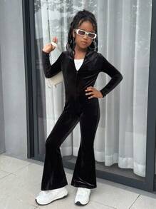 SHEIN 青少年女孩秋冬休闲时尚百搭针织天鹅绒连帽拉链后钻修身喇叭裤，周末休闲外出，节日派对，万圣节，圣诞节