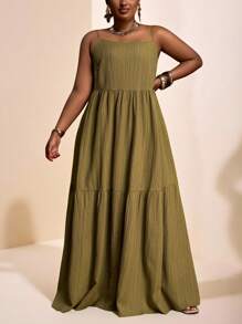 Veslaya 2025 Plus Size New Arrival Summer Green Solid Color Comfortable Stretchy Sleeveless Loose A-Line Dress - Army Green - View 7