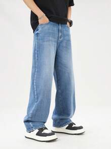 SHEIN Jeans casual e versatili per ragazzi adolescenti, capo di moda semplice e comodo, pantaloni in denim con gamba ampia e vestibilità comoda, lavaggio dell'acqua, effetto slavato e strappato, colore nero