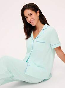 LUVLETTE Bộ đồ ngủ mùa hè mềm mại, 100% cotton nguyên chất, phối màu tương phản, tay ngắn, cài cúc đơn giản và quần dài, có túi, thoải mái ở nhà. - Màu xanh Bạc hà - Xem 4