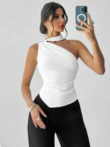 Firerie 女士优雅白色不对称金属白色褶皱金属装饰上衣、毕业典礼、女士教师上衣、返校/工作/办公室/商务休闲/机场/外出/旅行机场/可爱上衣/露背吊带上衣/外出上衣/秋季/斯德哥尔摩风格/办公室装/老钱风格女士/乡村音乐会