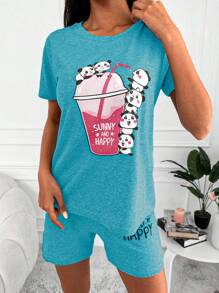 EURMUSE Cotton Cartoon & Slogan Graphic PJ Set - Teal Blue - View 3