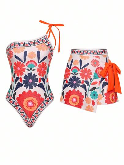 Swim Oasis 2 件夏季时尚女士彩色蝴蝶结装饰连体泳衣带沙滩罩裙套装